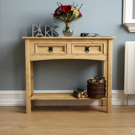 Rustic-light-oak-hallway-console-table-with-double-drawer-in-light-pine-wood