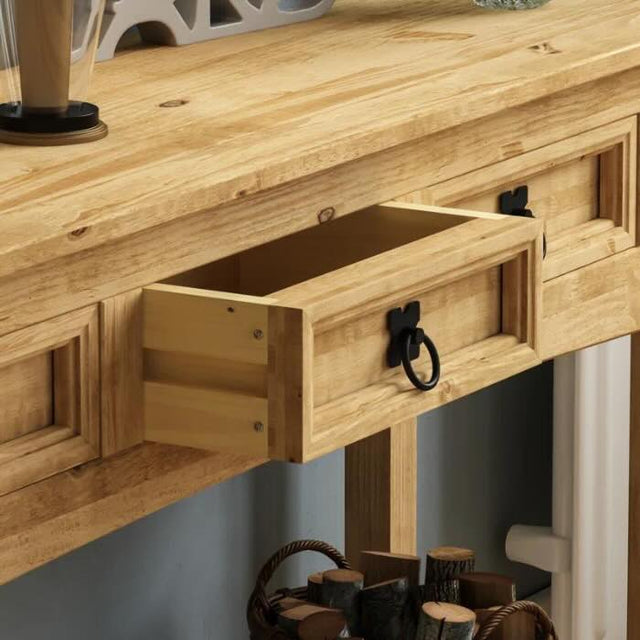 Rustic-light-oak-hallway-console-table-with-triple-drawer-in-light-pine-wood