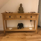 Rustic-light-oak-hallway-console-table-with-triple-drawer-in-light-pine-wood