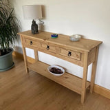 Rustic-light-oak-hallway-console-table-with-triple-drawer-in-light-pine-wood