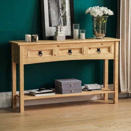 Rustic-light-oak-hallway-console-table-with-triple-drawer-in-light-pine-wood