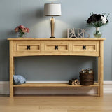 Rustic-light-oak-hallway-console-table-with-triple-drawer-in-light-pine-wood