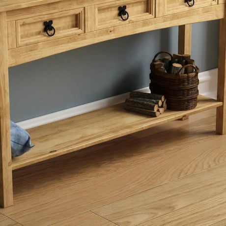 Rustic-light-oak-hallway-console-table-with-triple-drawer-in-light-pine-wood