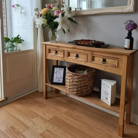 Rustic-light-oak-hallway-console-table-with-triple-drawer-in-light-pine-wood