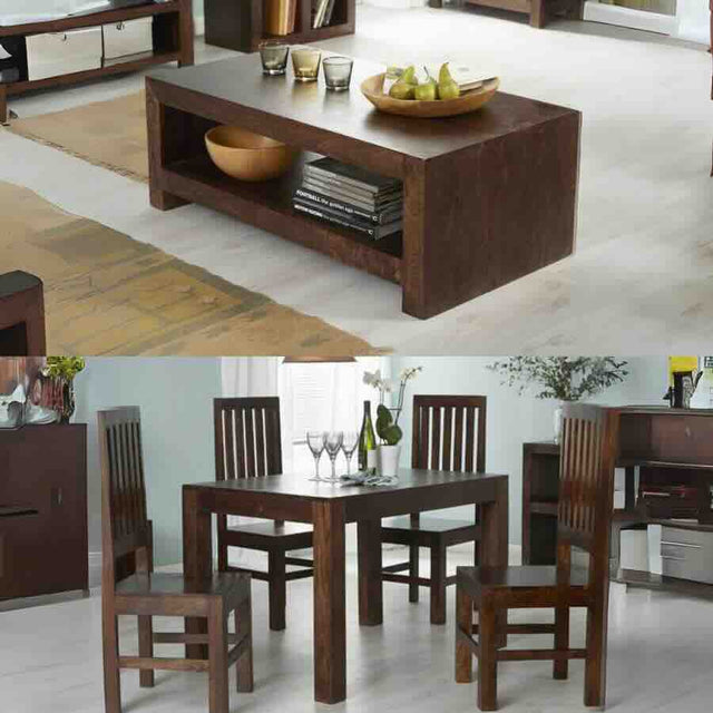 Rustic Dark Mango Wood Matching Dining Table and Coffee Table Set