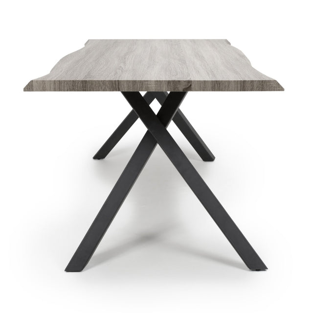 Wood-Industrial-Curved-Edge-Top-Dining-Table-Black-Cross-Over-Metal-Base-160cm