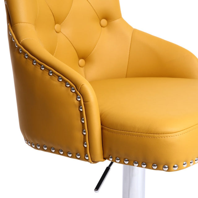 Yellow-Classic-Leather-Bar-Stool-Chrome-Studded-With-Adjustable-Stainless-Steel-Base-Set-of-2