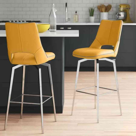 Yellow-Modern-Leather-Bar-Stool-Yellow-Lining-Stainless-Steel-Swivel-Base-Set-of-2