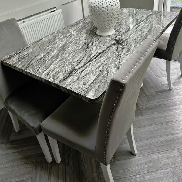 Modern-Rectangular-Grey-Marble-Dining-Table-set-And-4-Light-Grey-Linen-Dining-Chairs-150cm