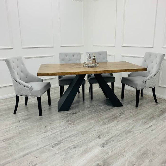 Rectangular-Solid-Pine-Wood-Dining-Table-And-Grey-Velvet-Dining-Chairs-For-8-With-Black-Knocker-180cm