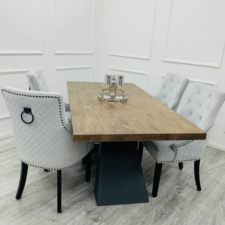 Rectangular-Solid-Pine-Wood-Dining-Table-And-Grey-Velvet-Dining-Chairs-For-8-With-Black-Knocker-180cm