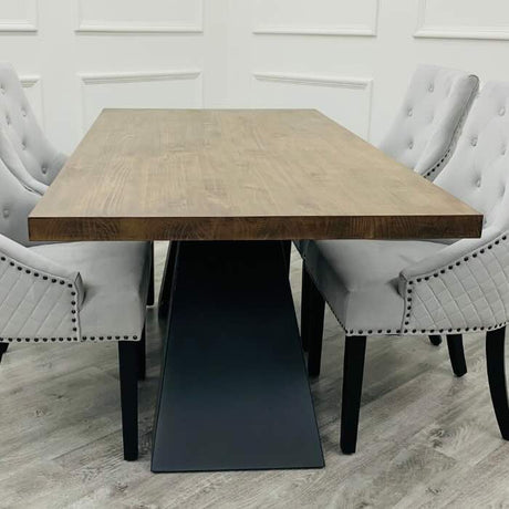 Rectangular-Solid-Pine-Wood-Dining-Table-And-Grey-Velvet-Dining-Chairs-For-8-With-Black-Knocker-180cm