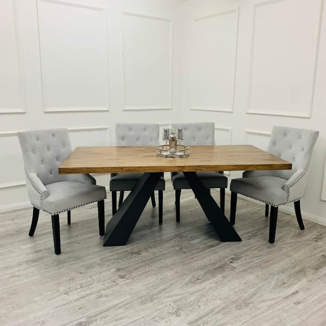 Rectangular-Solid-Pine-Wood-Dining-Table-And-Grey-Velvet-Dining-Chairs-For-8-With-Black-Knocker-180cm