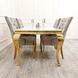 Harrogate 100cm Square White And Gold Glass Dining Table Set And 4 Teddington Velvet Dining Chairs