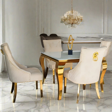 luxury-100cm-square-glass-dining-table-with-gold-legs-and-luxury-velvet-gold-dining-chairs-with-lion-knocker-4-seater-kitchen-table-set