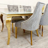 Harrogate 100cm Square White And Gold Glass Dining Table Set And 4 Teddington Velvet Dining Chairs