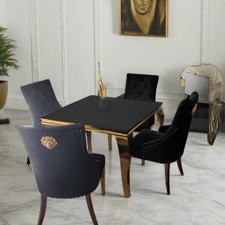 luxury-100cm-square-tempered-glass-dining-table-with-gold-legs-and-luxury-velvet-gold-dining-chairs-with-lion-knocker-dining-table-set-for-4