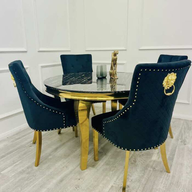 luxury-130cm-round-black-marble-dining-table-with-gold-legs-and-luxury-velvet-gold-dining-chairs-with-lion-knocker-4-seater-dining-table-set