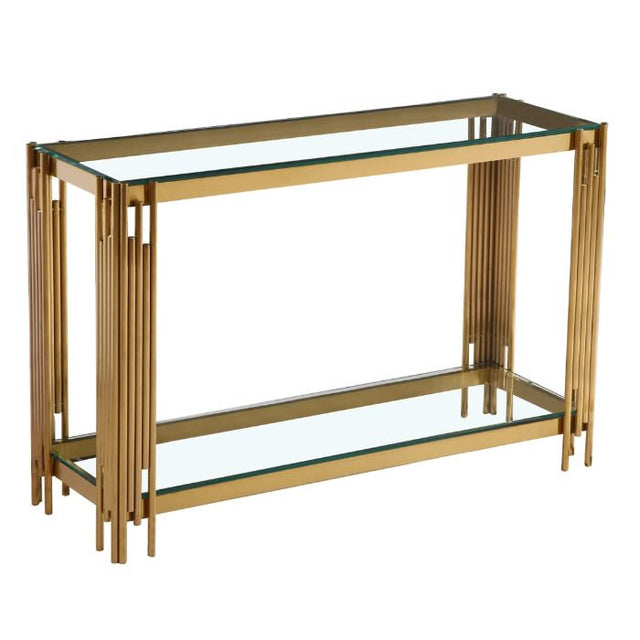 Luxury-tempered-clear-glass-hallway-console-table-with-gold-stainless-steel-base