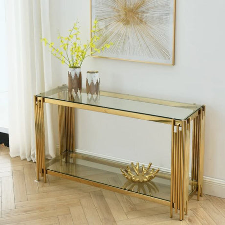 luxury-clear-tempered-glass-hallway-console-table-with-gold-stainless-steel-base-and-double-shelve