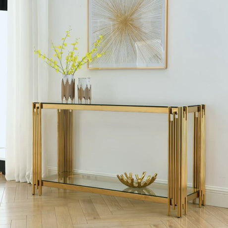 luxury-clear-tempered-glass-hallway-console-table-with-gold-stainless-steel-base-and-double-shelve