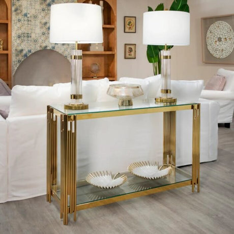 Luxury-tempered-clear-glass-hallway-console-table-with-gold-stainless-steel-base