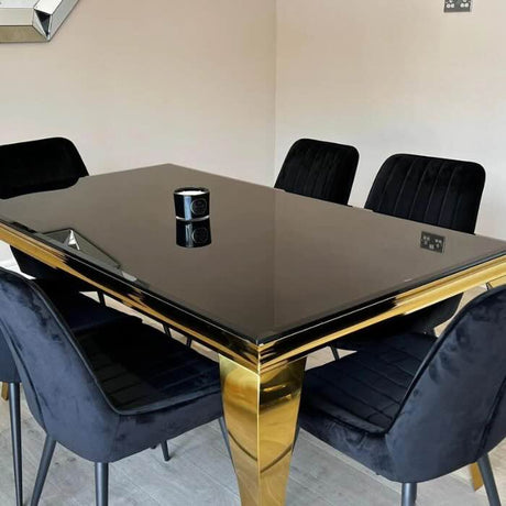 Luxurious-4-8-Seater-black-glass-dining-table-rectangular-tempered-glass-top-gold-stainless-steel-curved-legs