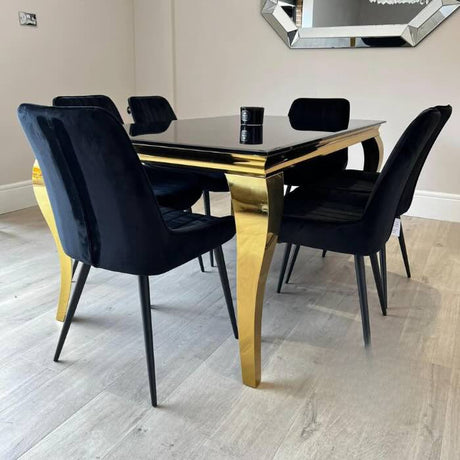 Luxurious-4-8-Seater-black-glass-dining-table-rectangular-tempered-glass-top-gold-stainless-steel-curved-legs