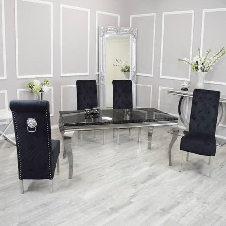 luxury-rectangular-black-marble-dining-table-and-high-back-velvet-dining-chairs-with-lion-knocker-luxury-marble-dining-set-for-6-to-8