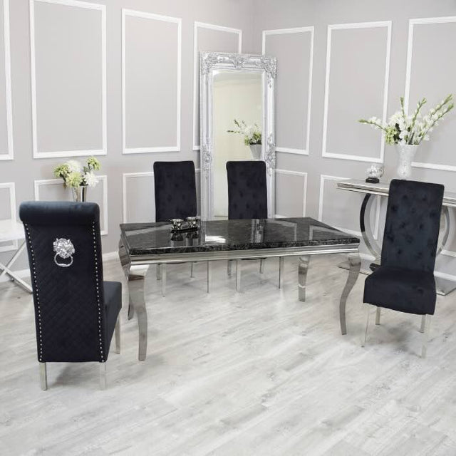 luxury-rectangular-black-marble-dining-table-and-high-back-velvet-dining-chairs-with-lion-knocker-luxury-marble-dining-set-for-6-to-8