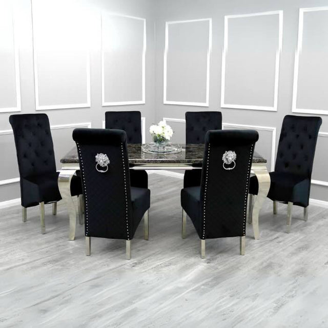 luxury-rectangular-black-marble-dining-table-and-high-back-velvet-dining-chairs-with-lion-knocker-luxury-marble-dining-set-for-6-to-8