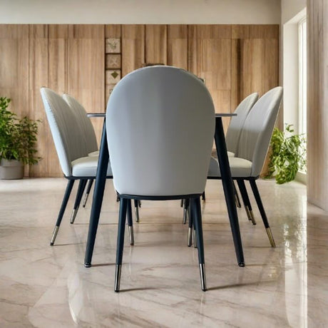 140cm rectangular grey marble dining table and 6 cream leather dining chairs