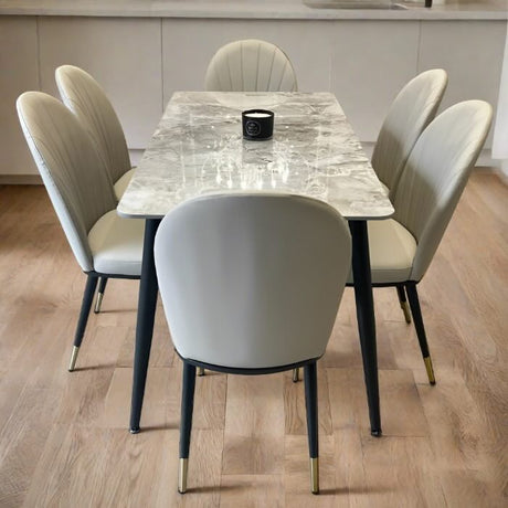 140cm rectangular grey marble dining table and 6 cream leather dining chairs