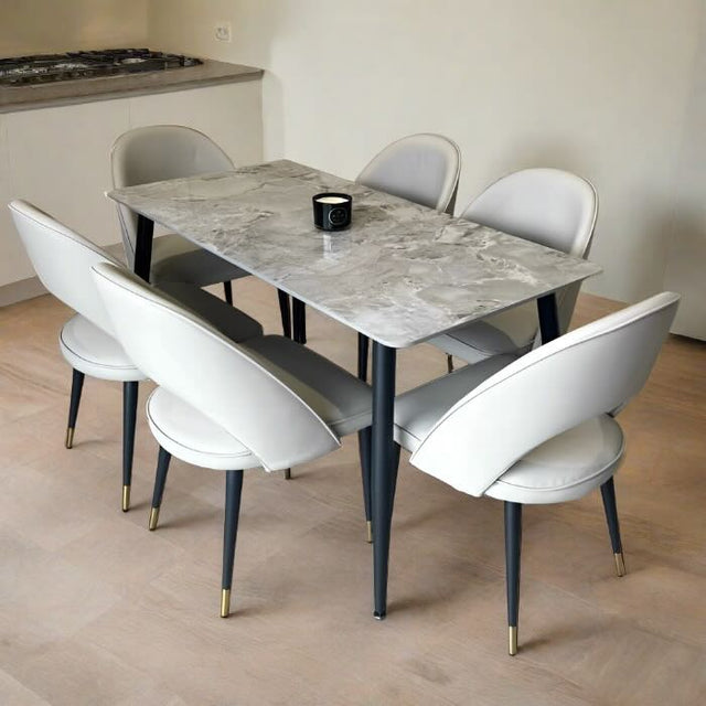 140cm rectangular grey marble dining table and 6 cream leather dining chairs