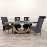    modern-grey-glass-dining-table-with-stainless-steel-base-and-high-back-velvet-dining-chairs-with-lion-knocker-6-8-seater-kitchen-table-set