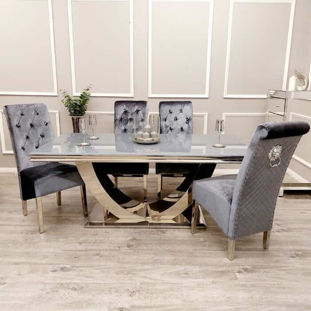    modern-grey-glass-dining-table-with-stainless-steel-base-and-high-back-velvet-dining-chairs-with-lion-knocker-6-8-seater-kitchen-table-set