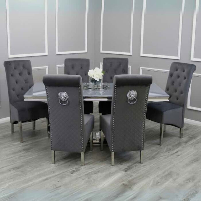    modern-grey-glass-dining-table-with-stainless-steel-base-and-high-back-velvet-dining-chairs-with-lion-knocker-6-8-seater-kitchen-table-set