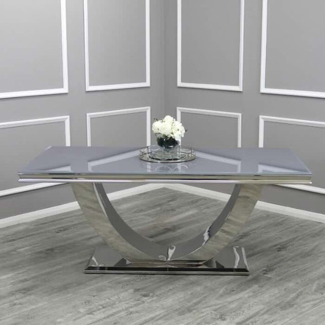    modern-grey-glass-dining-table-with-stainless-steel-base-and-high-back-velvet-dining-chairs-with-lion-knocker-6-8-seater-kitchen-table-set