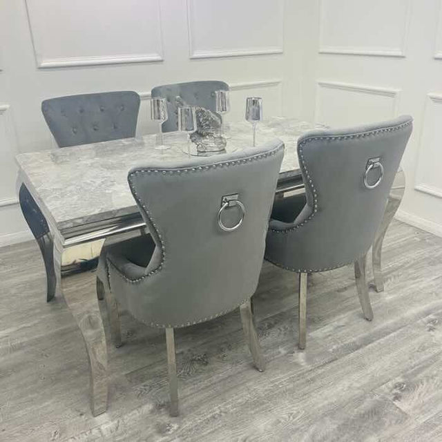    modern-grey-marble-dining-table-and-velvet-knocker-back-dining-chair-chrome-base-6-8-seater-kitchen-table-set