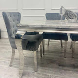    modern-grey-marble-dining-table-and-velvet-knocker-back-dining-chair-chrome-base-6-8-seater-kitchen-table-set