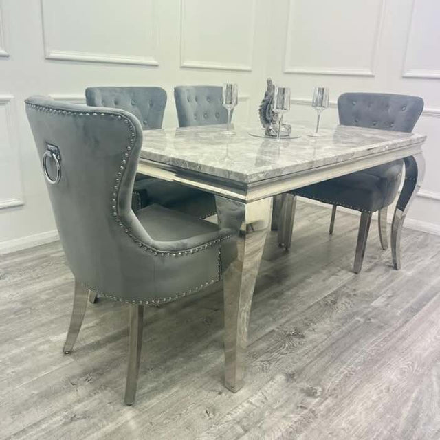    modern-grey-marble-dining-table-and-velvet-knocker-back-dining-chair-chrome-base-6-8-seater-kitchen-table-set