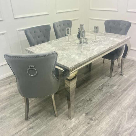    modern-grey-marble-dining-table-and-velvet-knocker-back-dining-chair-chrome-base-6-8-seater-kitchen-table-set