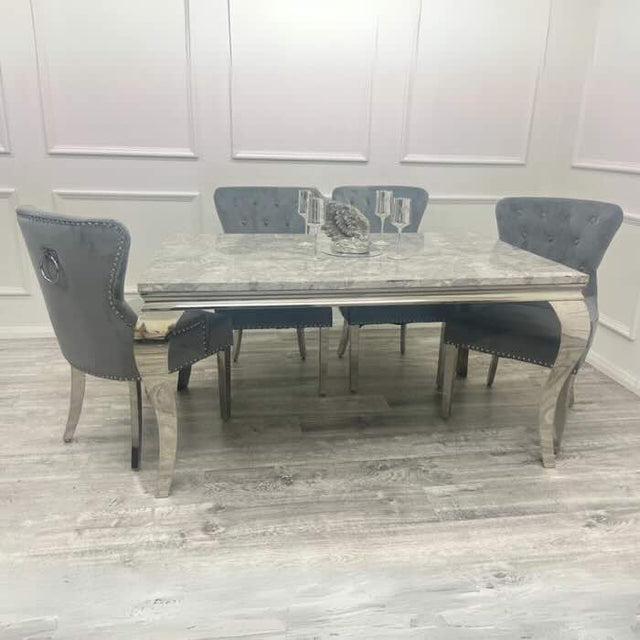    modern-grey-marble-dining-table-and-velvet-knocker-back-dining-chair-chrome-base-6-8-seater-kitchen-table-set