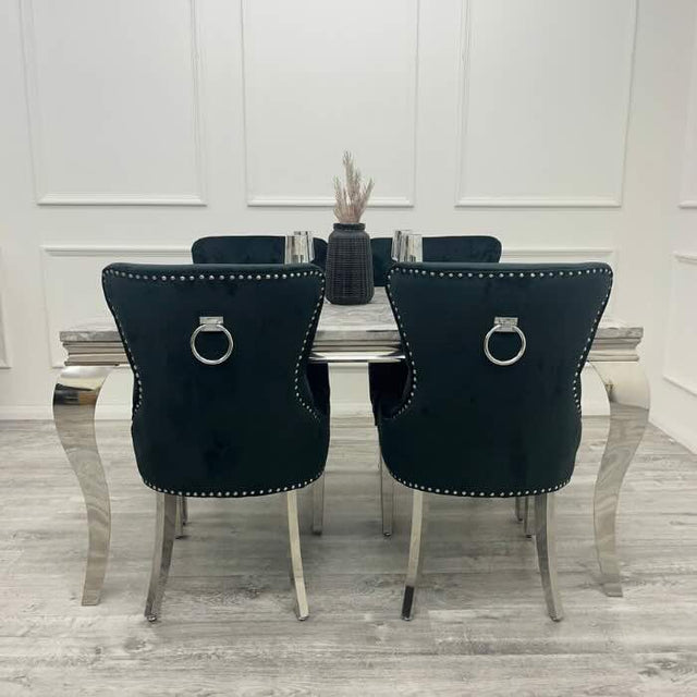 Luxury-black-velvet-dining-chairs-chrome-legs-lion-knocker