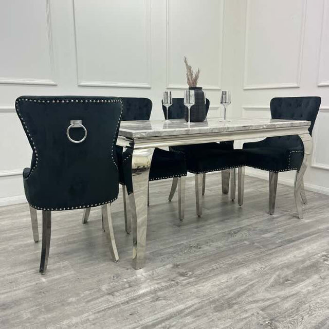    modern-grey-marble-dining-table-and-velvet-knocker-back-dining-chair-chrome-base-6-8-seater-kitchen-table-set