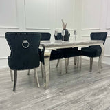 Luxury-black-velvet-dining-chairs-chrome-legs-lion-knocker