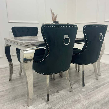    modern-grey-marble-dining-table-and-velvet-knocker-back-dining-chair-chrome-base-6-8-seater-kitchen-table-set