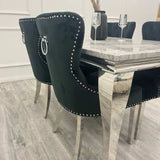 Luxury-black-velvet-dining-chairs-chrome-legs-lion-knocker