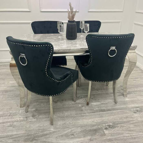    modern-grey-marble-dining-table-and-velvet-knocker-back-dining-chair-chrome-base-6-8-seater-kitchen-table-set