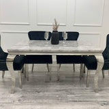    modern-grey-marble-dining-table-and-velvet-knocker-back-dining-chair-chrome-base-6-8-seater-kitchen-table-set